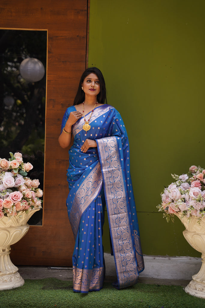 Sky Blue Banarasi Silk Saree With Silk Blouse Piece