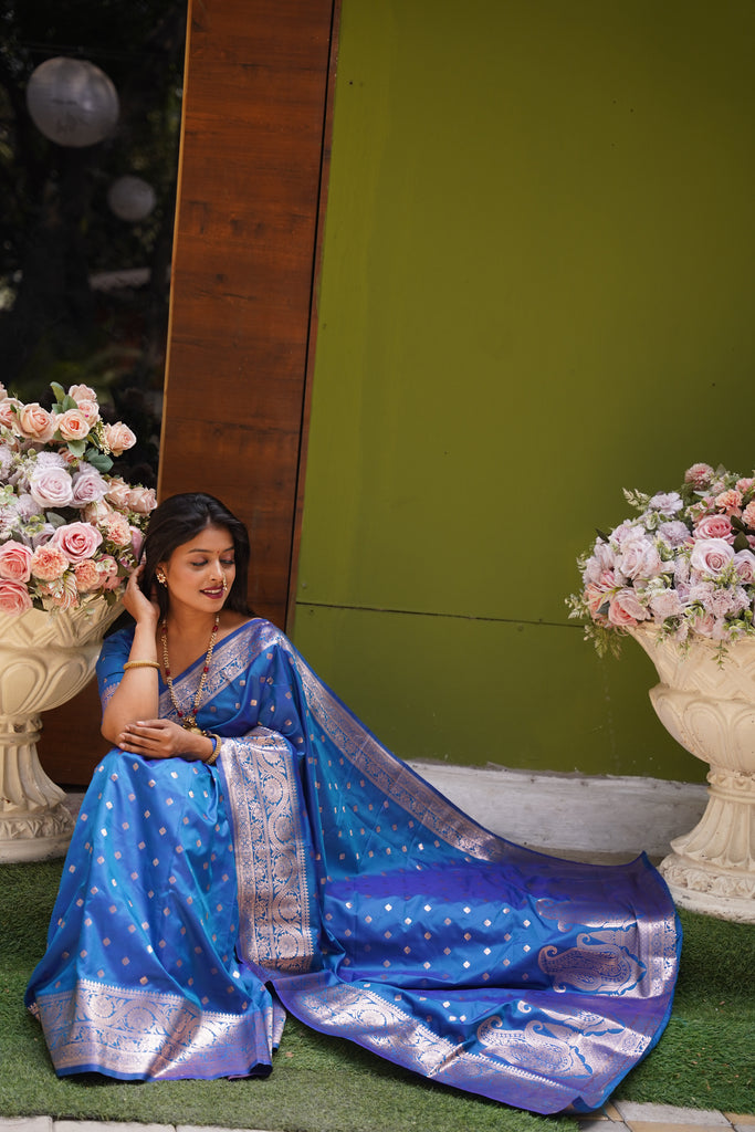 Sky Blue Banarasi Silk Saree With Silk Blouse Piece