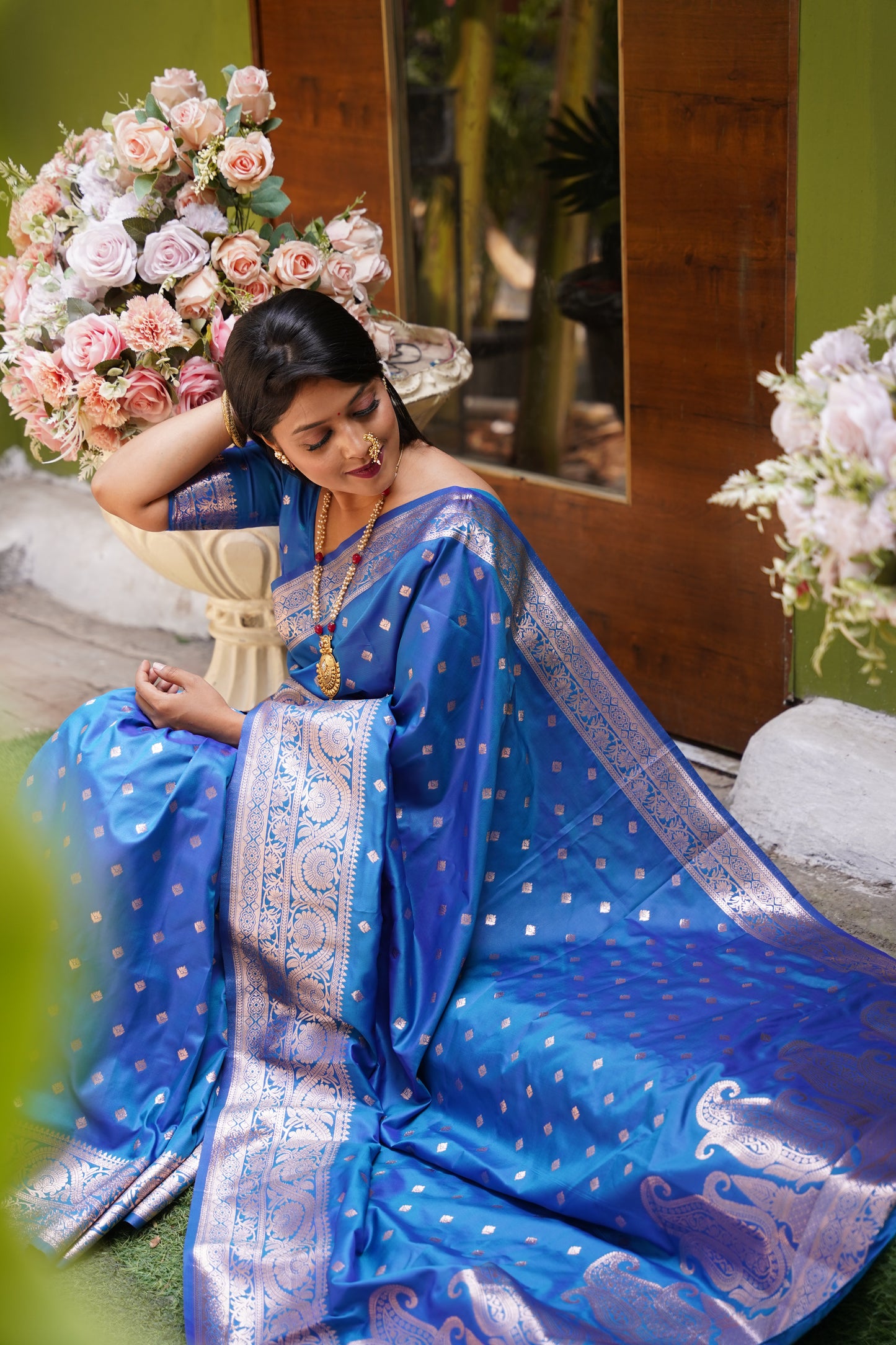 Sky Blue Banarasi Silk Saree With Silk Blouse Piece