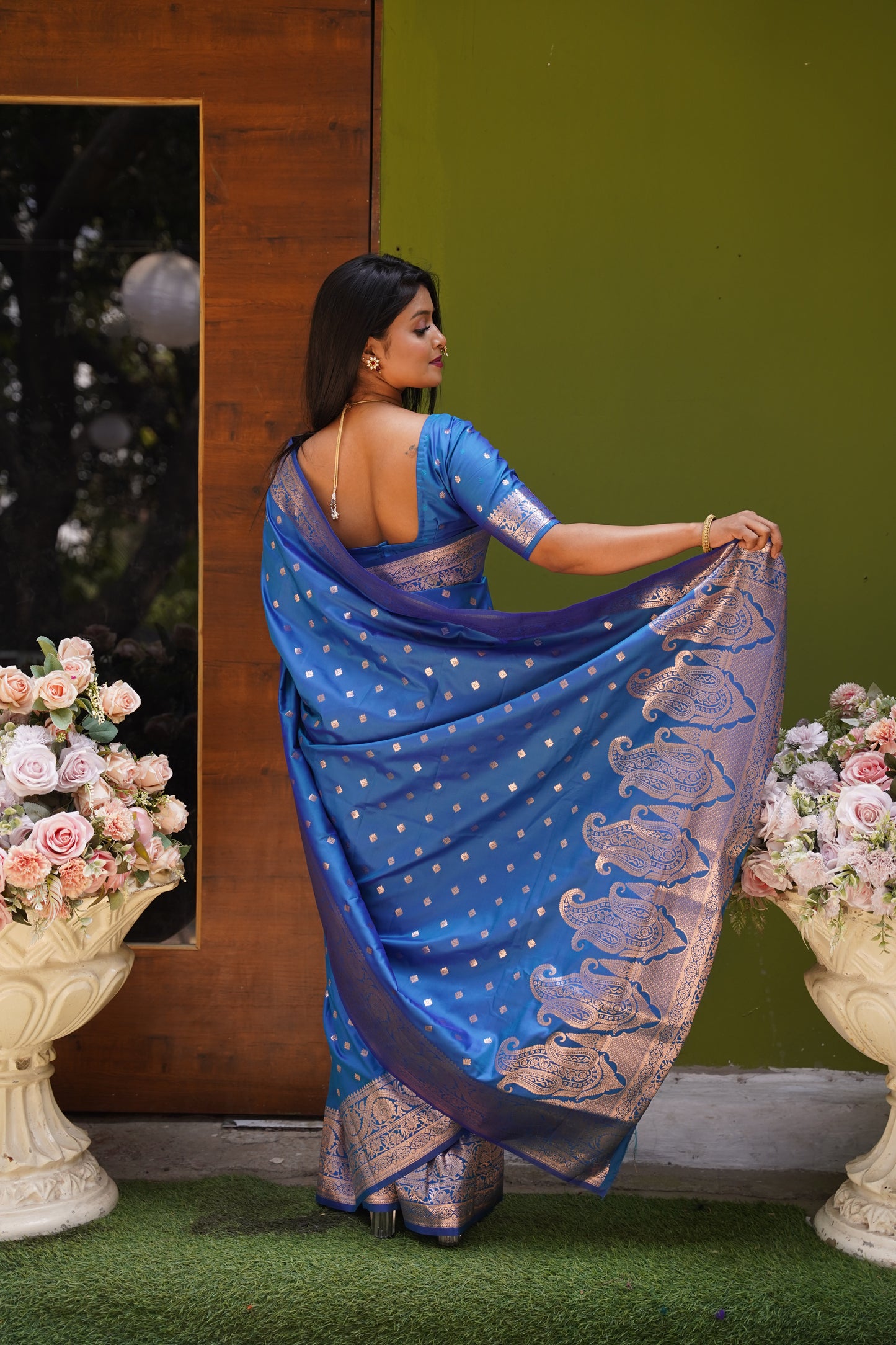 Sky Blue Banarasi Silk Saree With Silk Blouse Piece