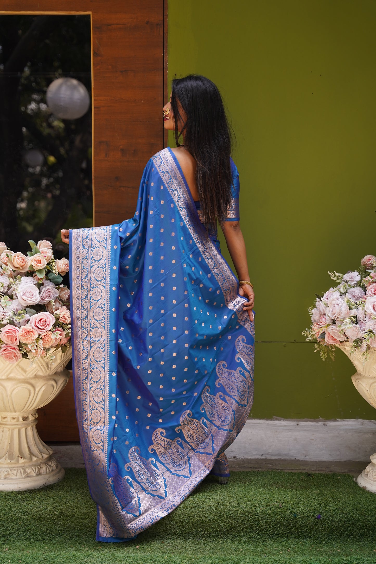 Sky Blue Banarasi Silk Saree With Silk Blouse Piece