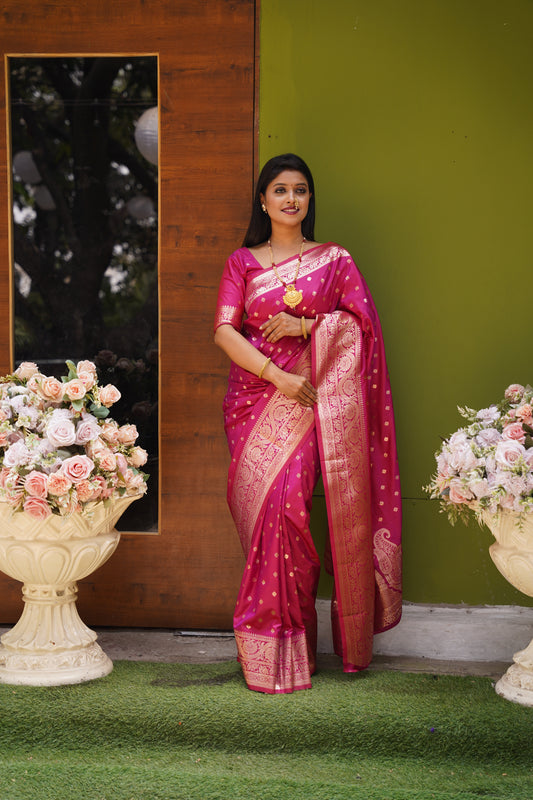 Pink Banarasi Silk Saree With Silk Blouse Piece
