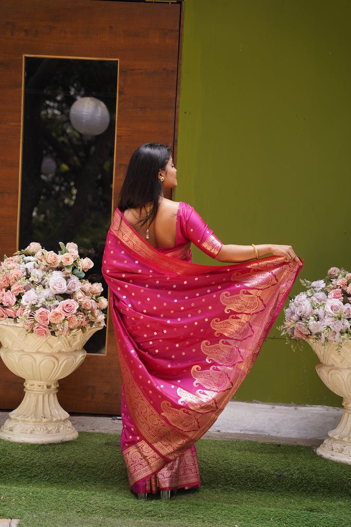Pink Banarasi Silk Saree With Silk Blouse Piece