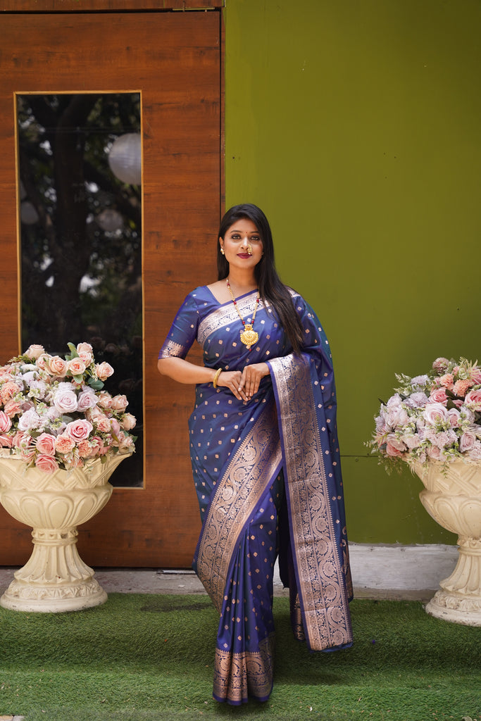 Navy Blue Banarasi Silk Saree With Silk Blouse Piece