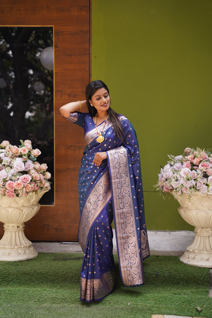 Navy Blue Banarasi Silk Saree With Silk Blouse Piece