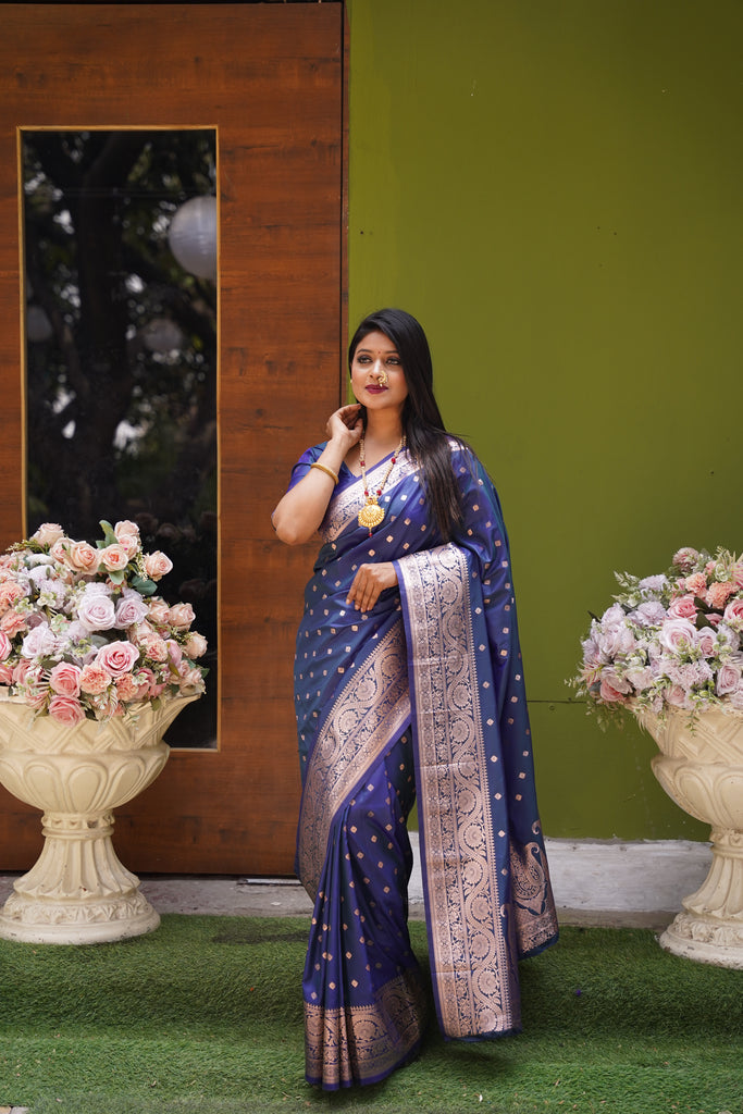 Navy Blue Banarasi Silk Saree With Silk Blouse Piece