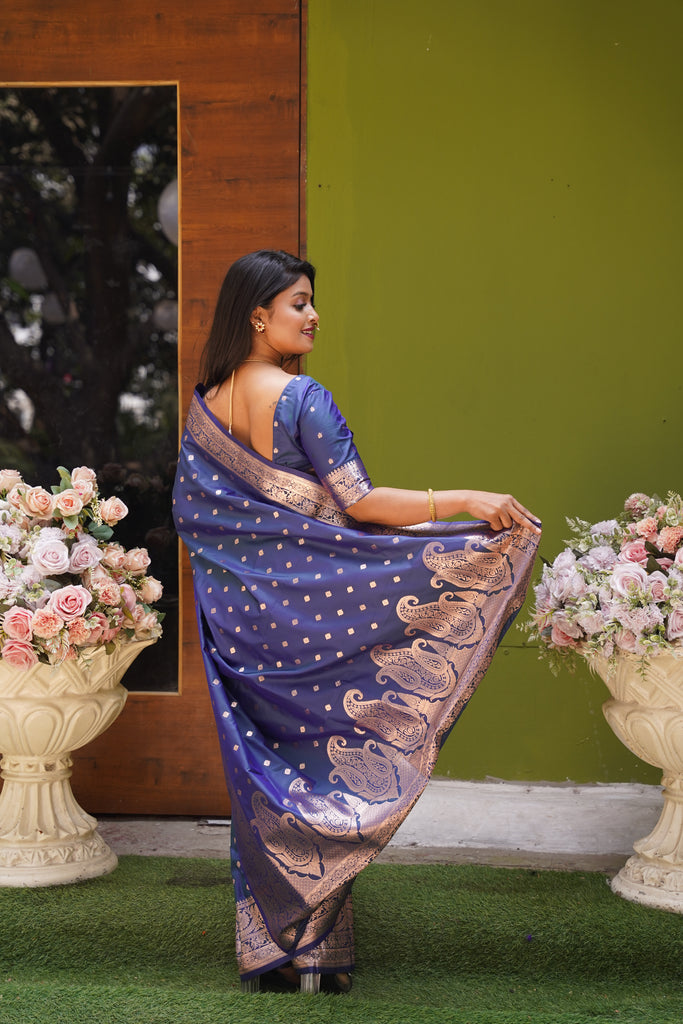 Navy Blue Banarasi Silk Saree With Silk Blouse Piece