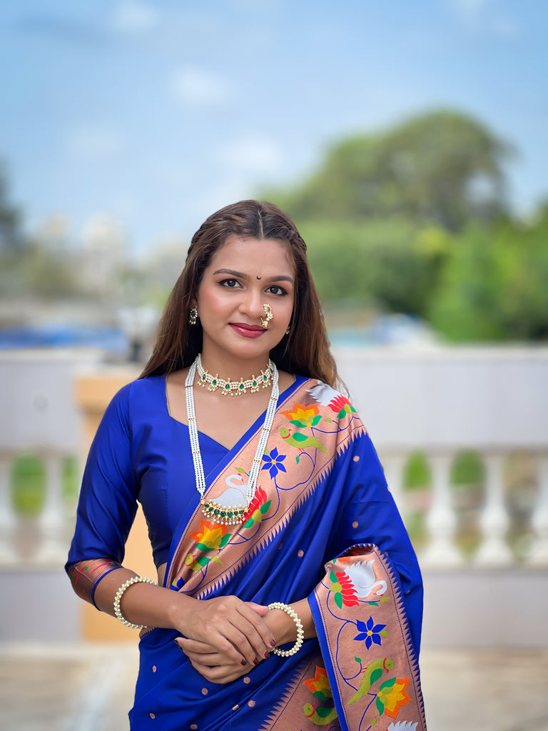 Blue Traditional Rajhans Paithani Soft Silk Saree With Blouse Piece