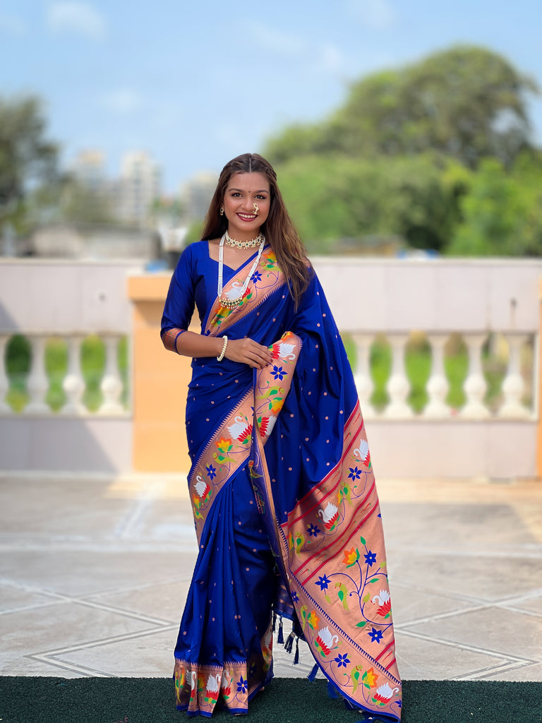 Blue Traditional Rajhans Paithani Soft Silk Saree With Blouse Piece
