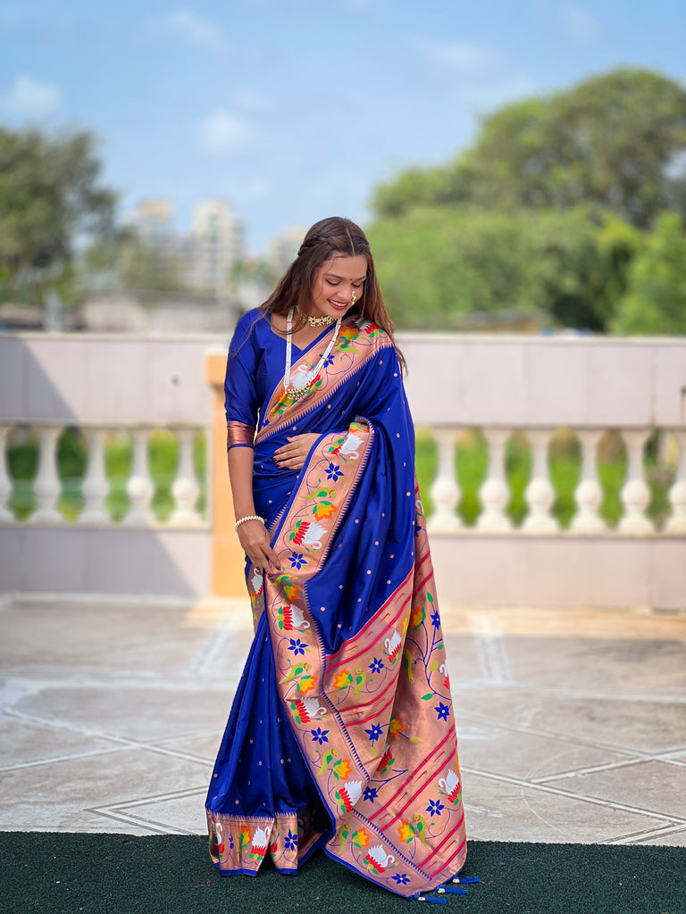 Blue Traditional Rajhans Paithani Soft Silk Saree With Blouse Piece