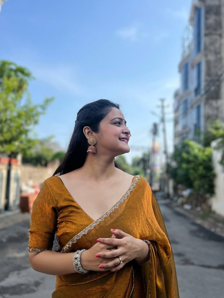 Bollywood Diva Golden Mustard Chiffon Saree With Blouse Piece