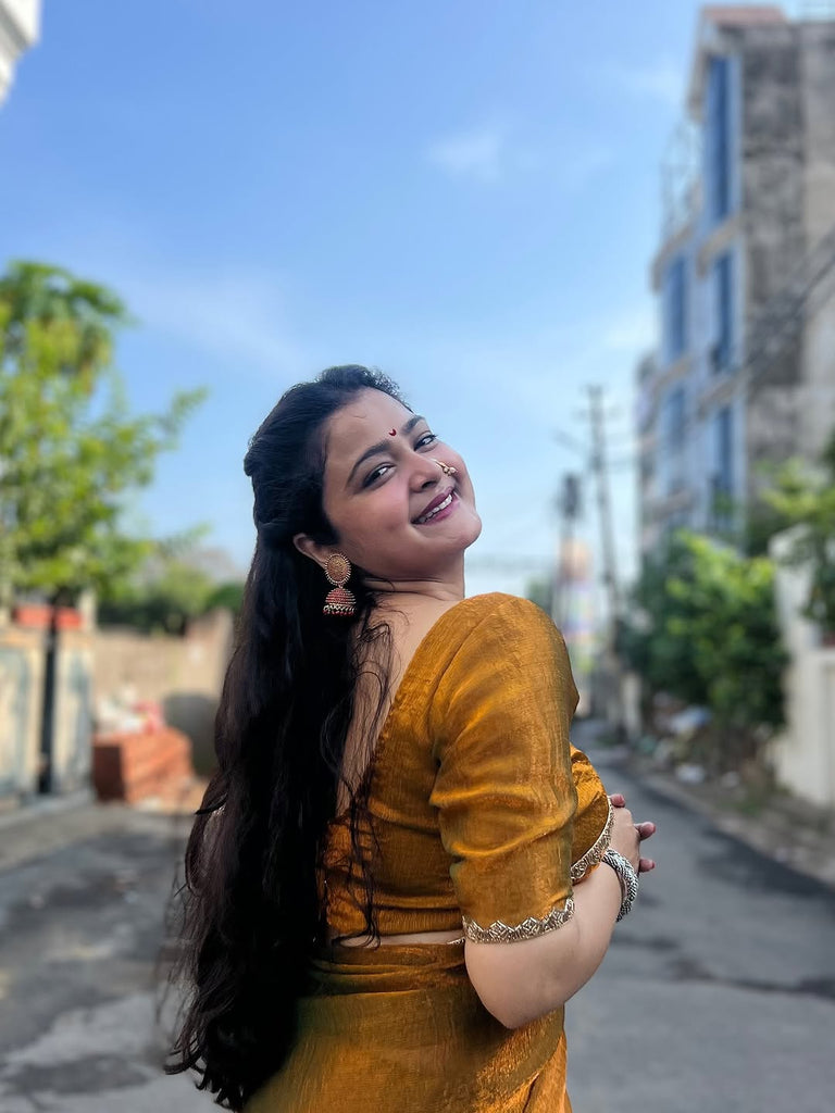 Bollywood Diva Golden Mustard Chiffon Saree With Blouse Piece