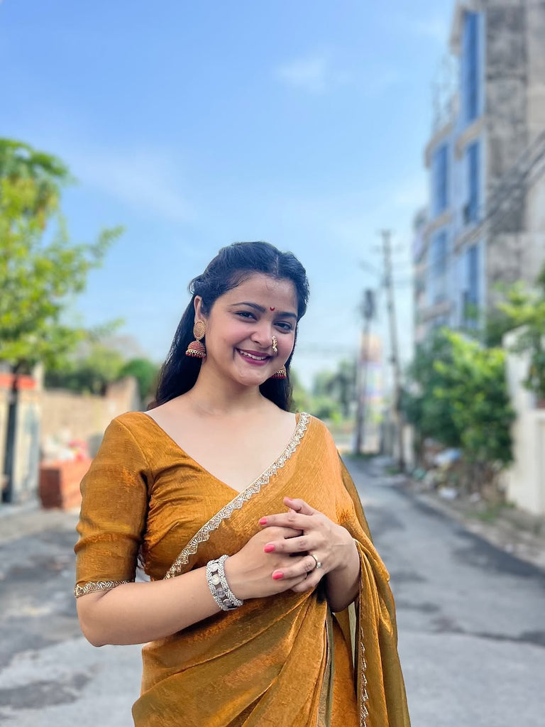 Bollywood Diva Golden Mustard Chiffon Saree With Blouse Piece