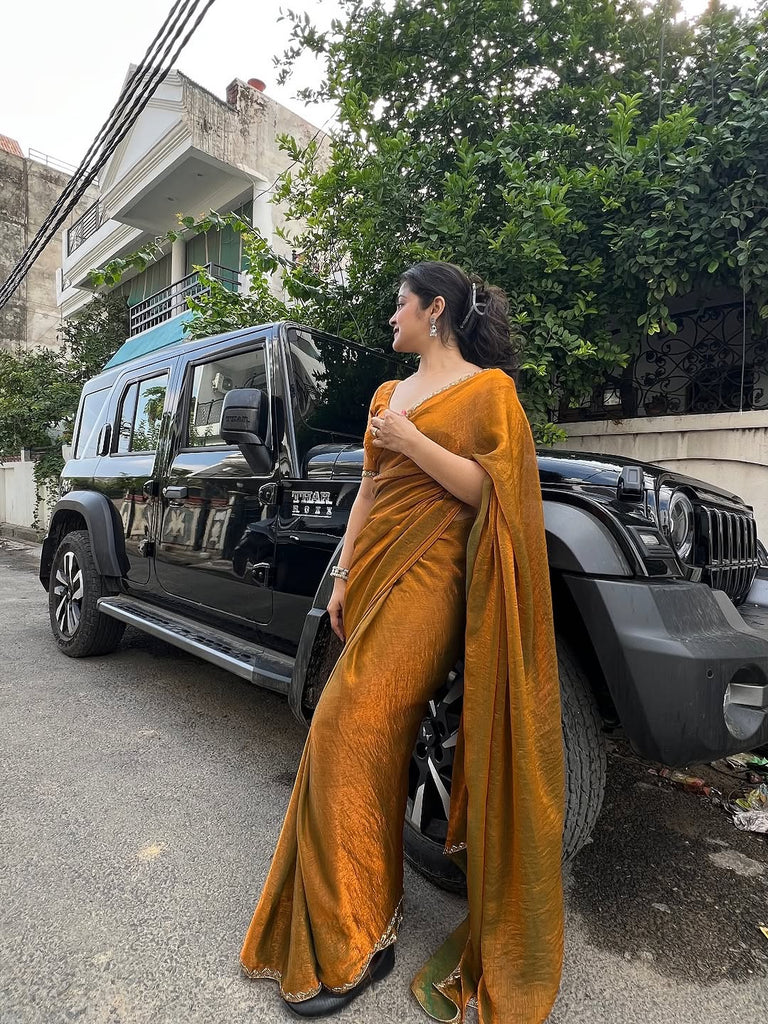 Bollywood Diva Golden Mustard Chiffon Saree With Blouse Piece