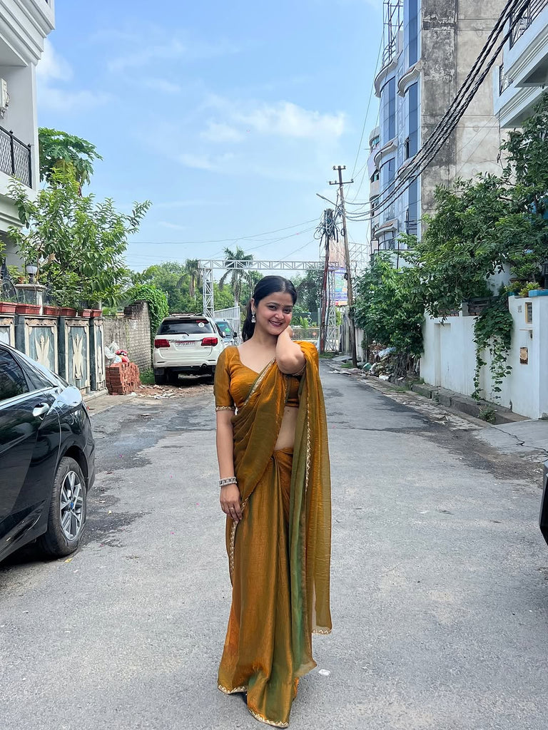 Bollywood Diva Golden Mustard Chiffon Saree With Blouse Piece