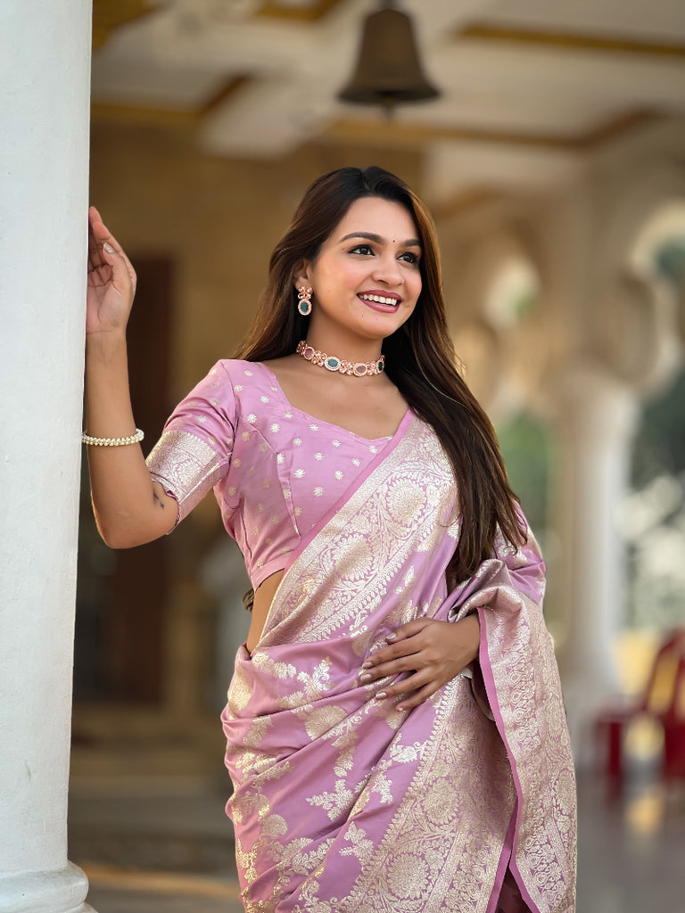 Baby Pink Soft Silk Banarasi Saree With Blouse Piece