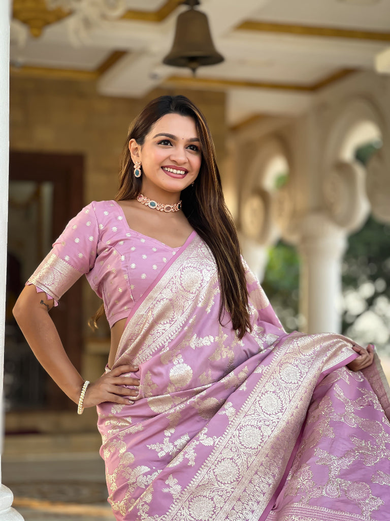 Baby Pink Soft Silk Banarasi Saree With Blouse Piece