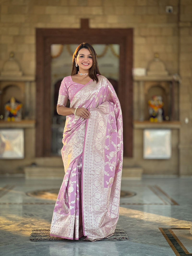 Baby Pink Soft Silk Banarasi Saree With Blouse Piece