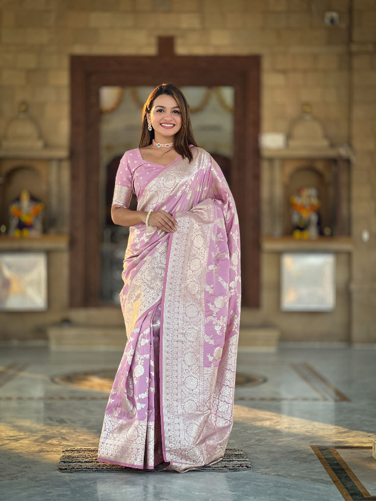 Baby Pink Soft Silk Banarasi Saree With Blouse Piece