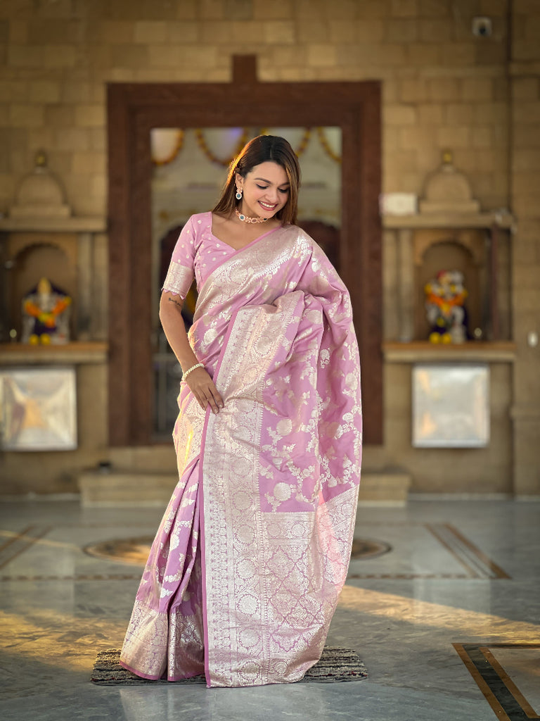 Baby Pink Soft Silk Banarasi Saree With Blouse Piece
