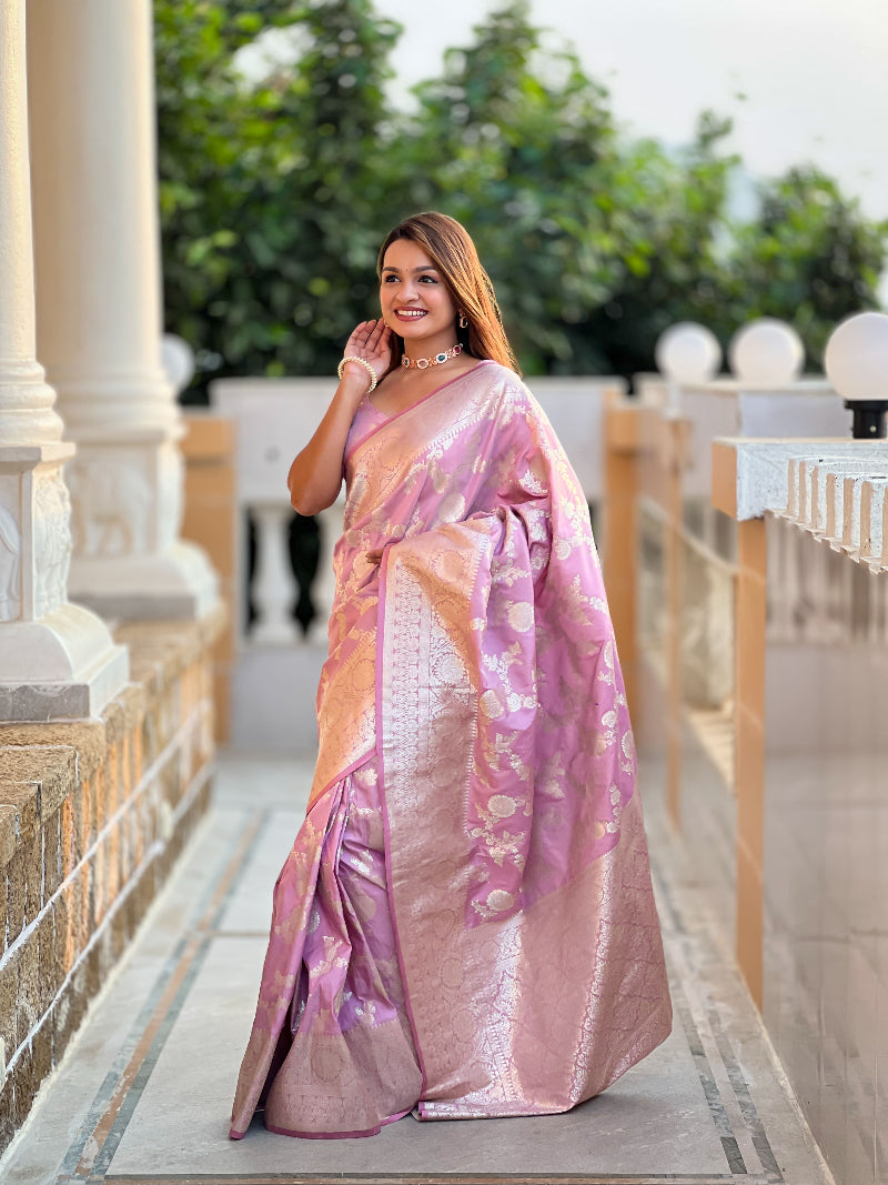 Baby Pink Soft Silk Banarasi Saree With Blouse Piece