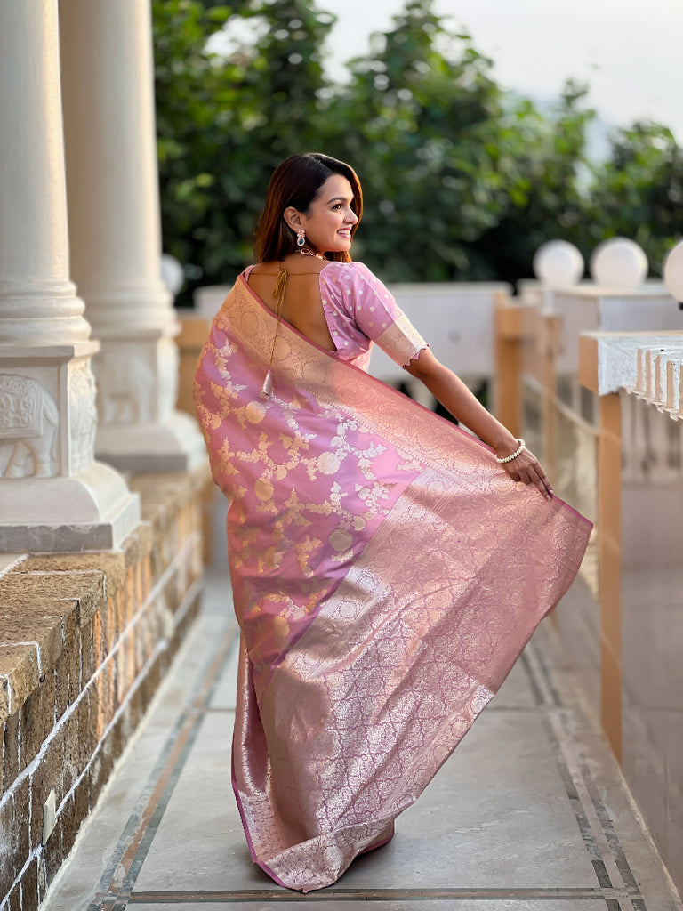 Baby Pink Soft Silk Banarasi Saree With Blouse Piece