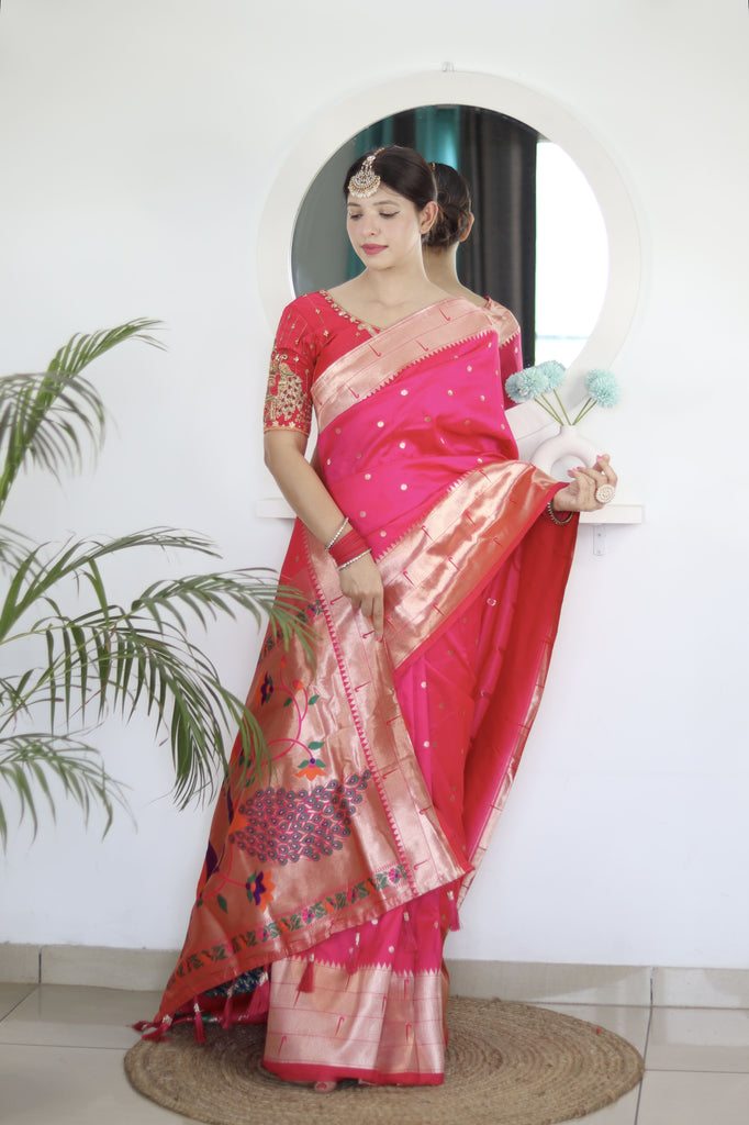 Pink Blue Royal Motif Pethani Silk Saree With Blouse Piece