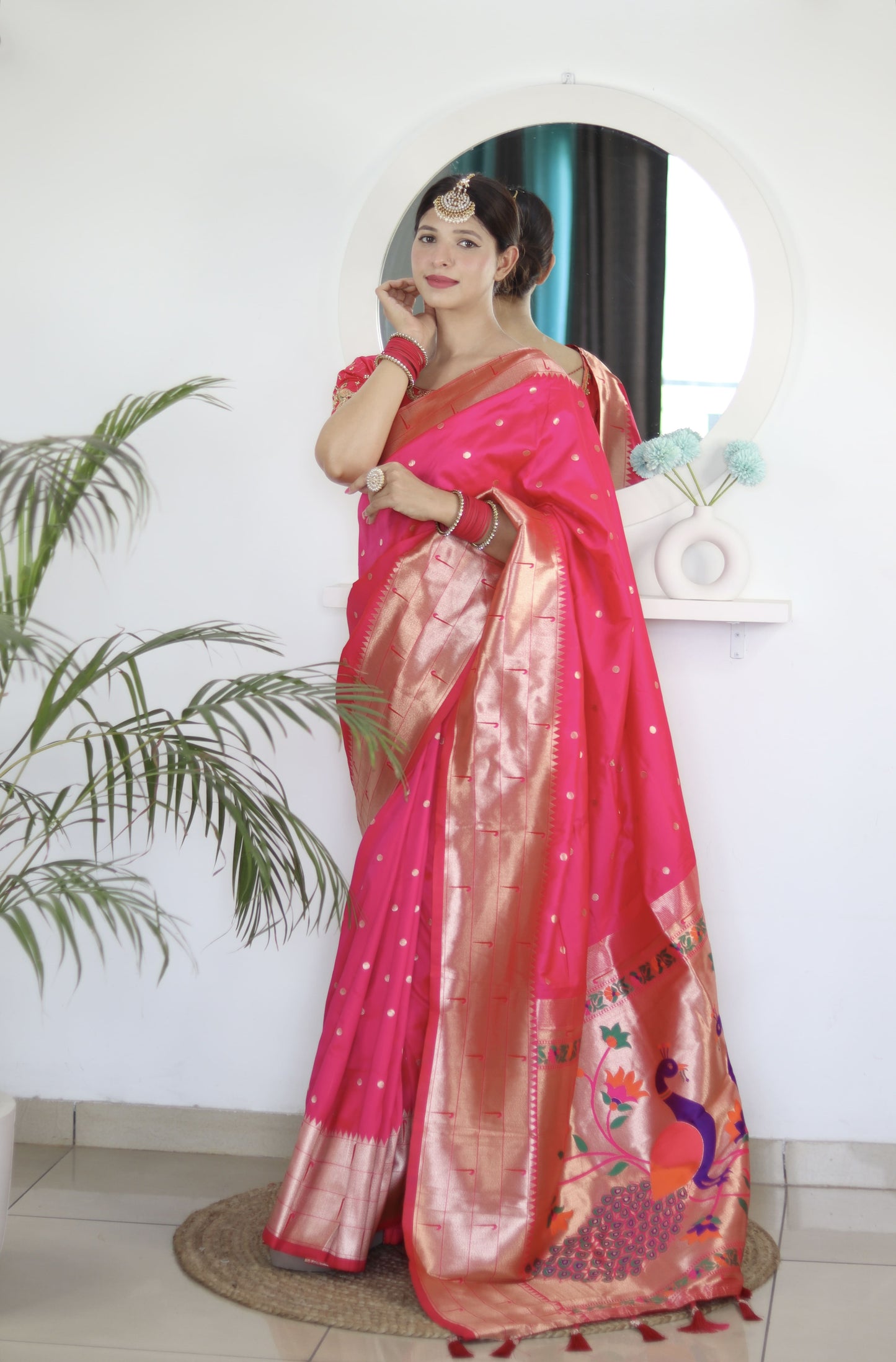 Pink Blue Royal Motif Pethani Silk Saree With Blouse Piece