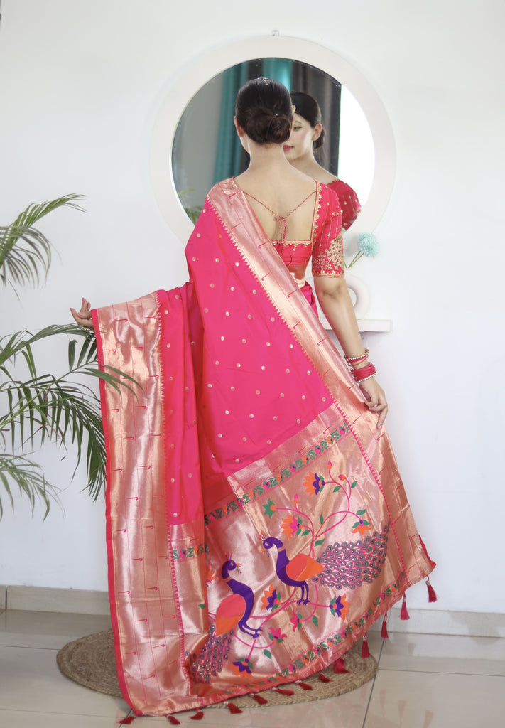 Pink Blue Royal Motif Pethani Silk Saree With Blouse Piece