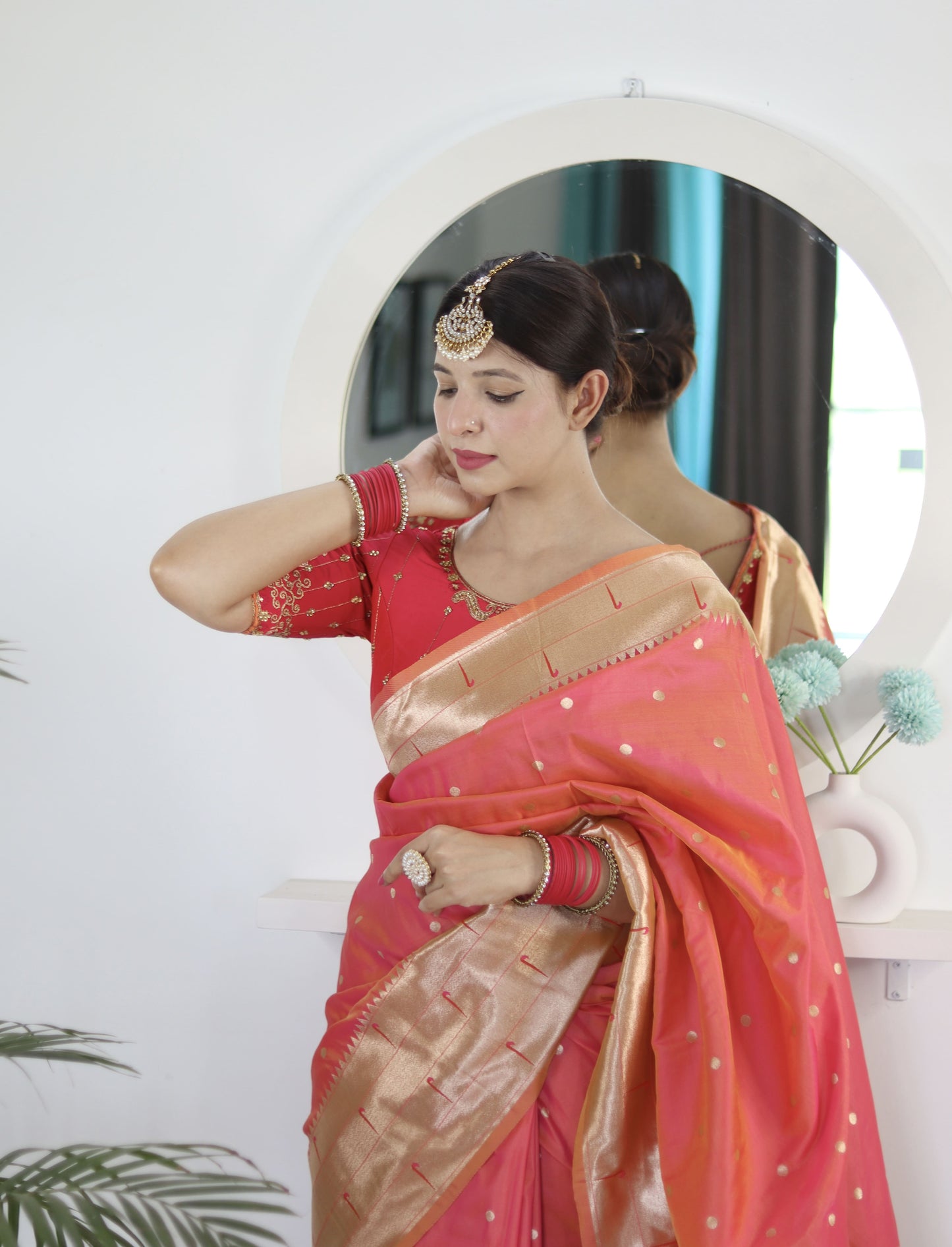 Peach Blue Royal Motif Pethani Silk Saree With Blouse Piece