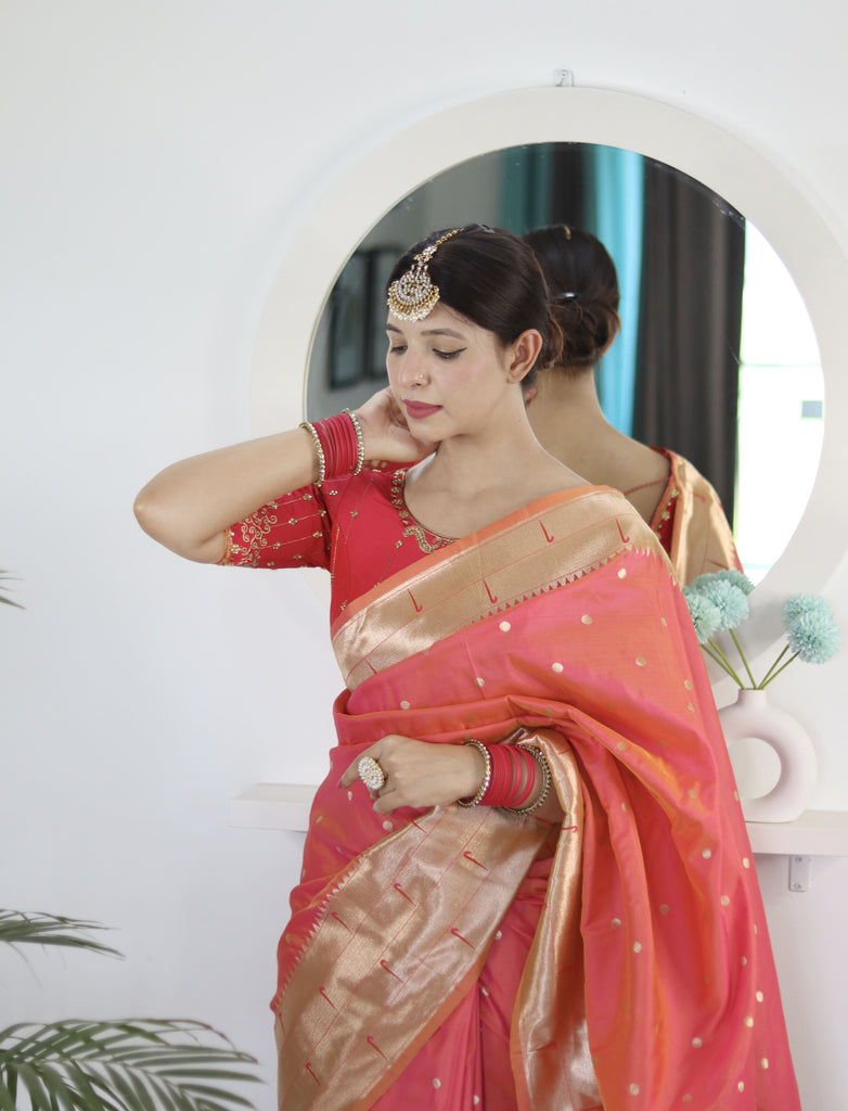 Peach Blue Royal Motif Pethani Silk Saree With Blouse Piece