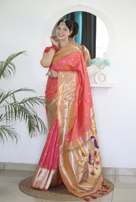 Peach Blue Royal Motif Pethani Silk Saree With Blouse Piece