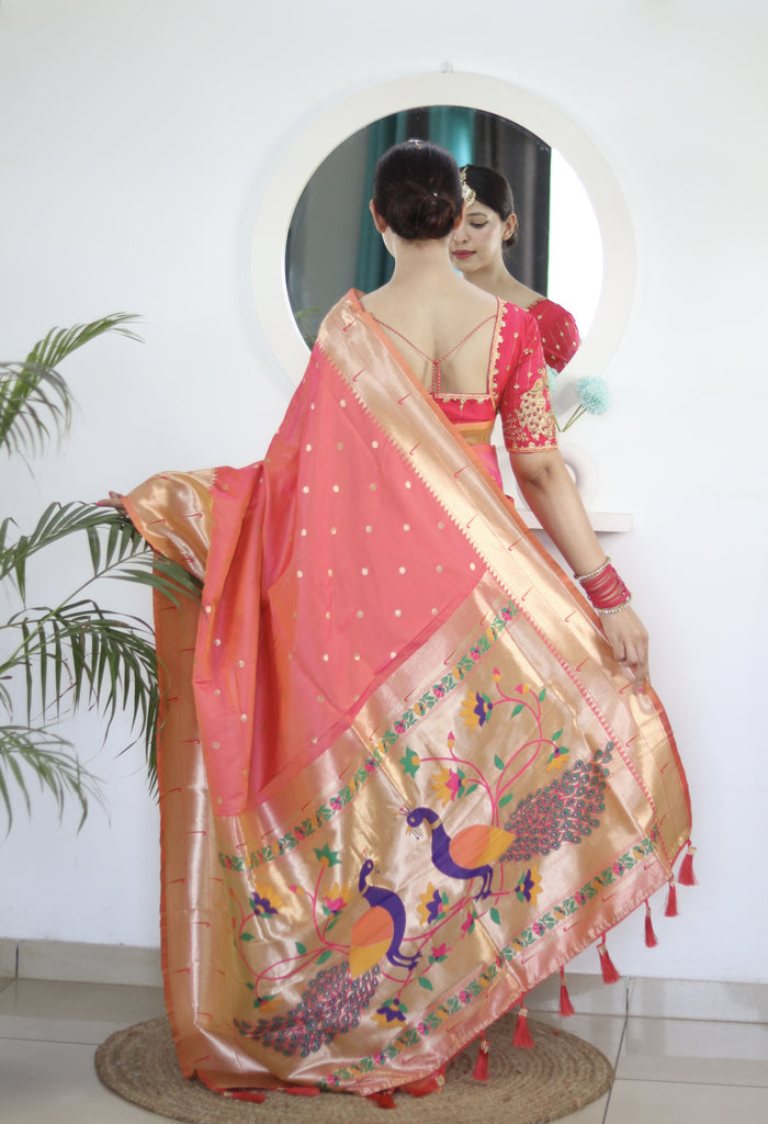 Peach Blue Royal Motif Pethani Silk Saree With Blouse Piece