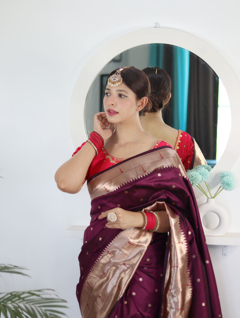Wine Blue Royal Motif Pethani Silk Saree With Blouse Piece