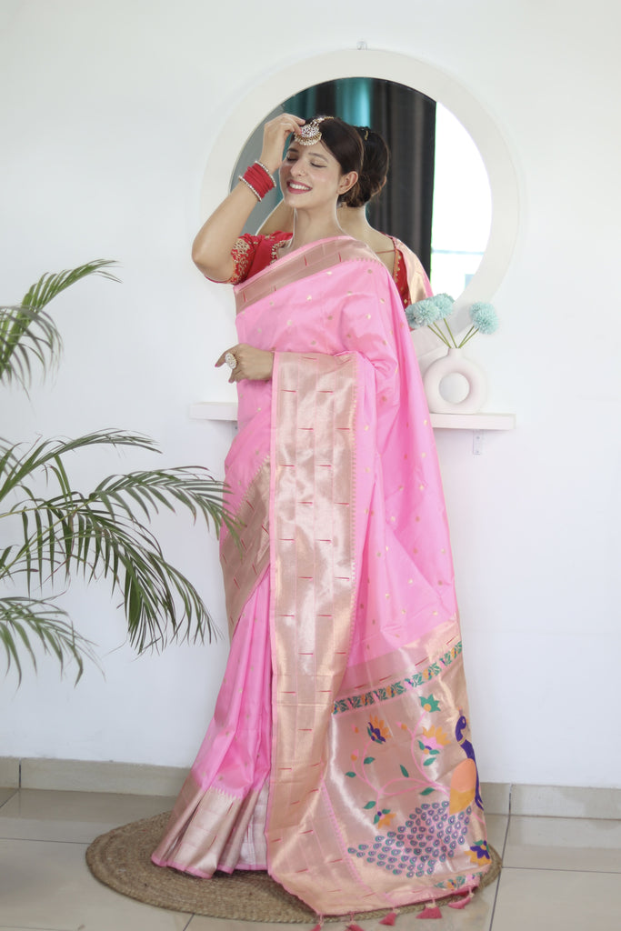 Light Pink Royal Motif Pethani Silk Saree With Blouse Piece
