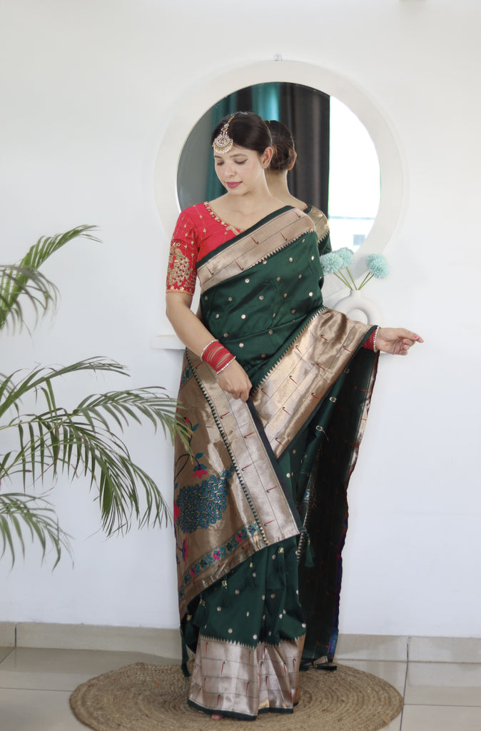 Green Pink Royal Motif Pethani Silk Saree With Blouse Piece
