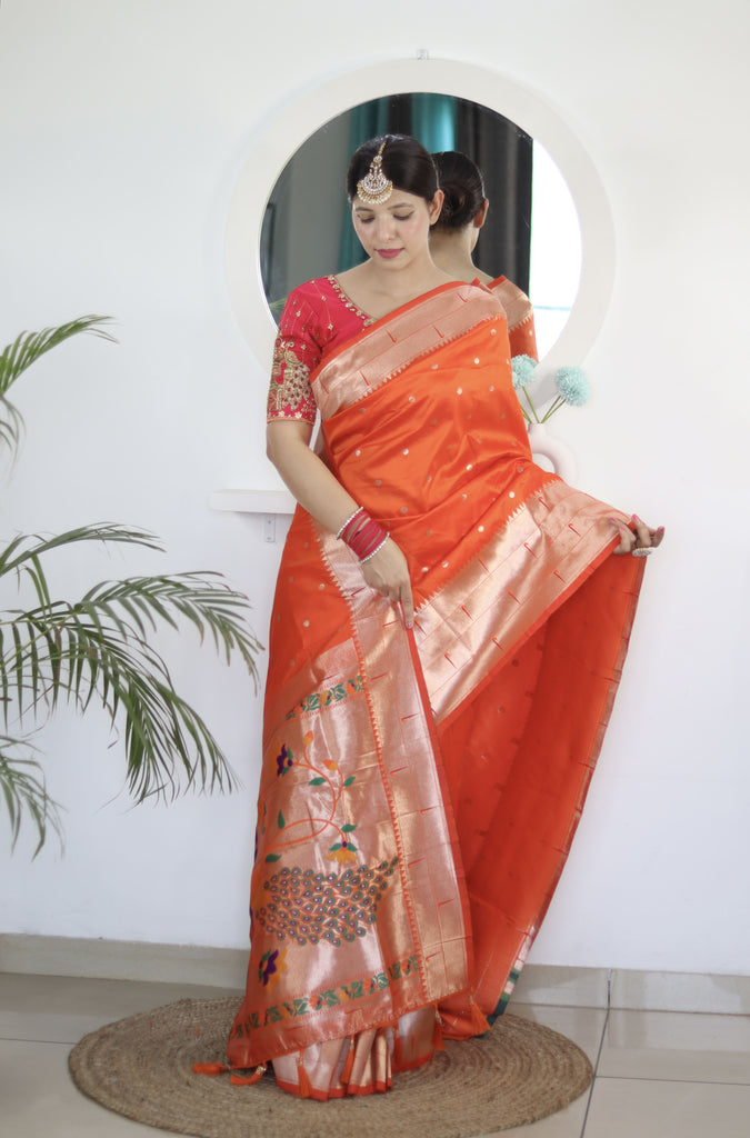 Orange Royal Motif Pethani Silk Saree With Blouse Piece