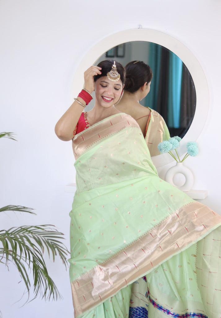 Pista Royal Motif Pethani Silk Saree With Blouse Piece