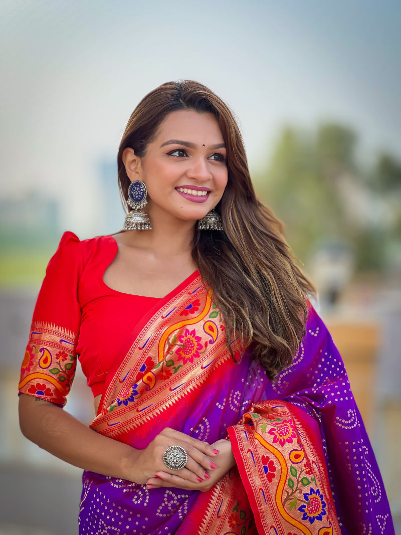 Purple Classic Bandhej weawing design Bandhani Paithani Silk Saree