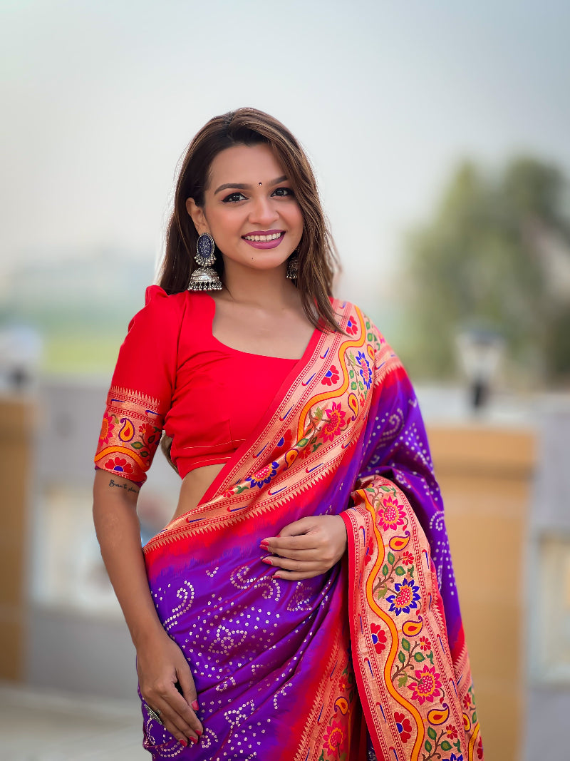 Purple Classic Bandhej weawing design Bandhani Paithani Silk Saree