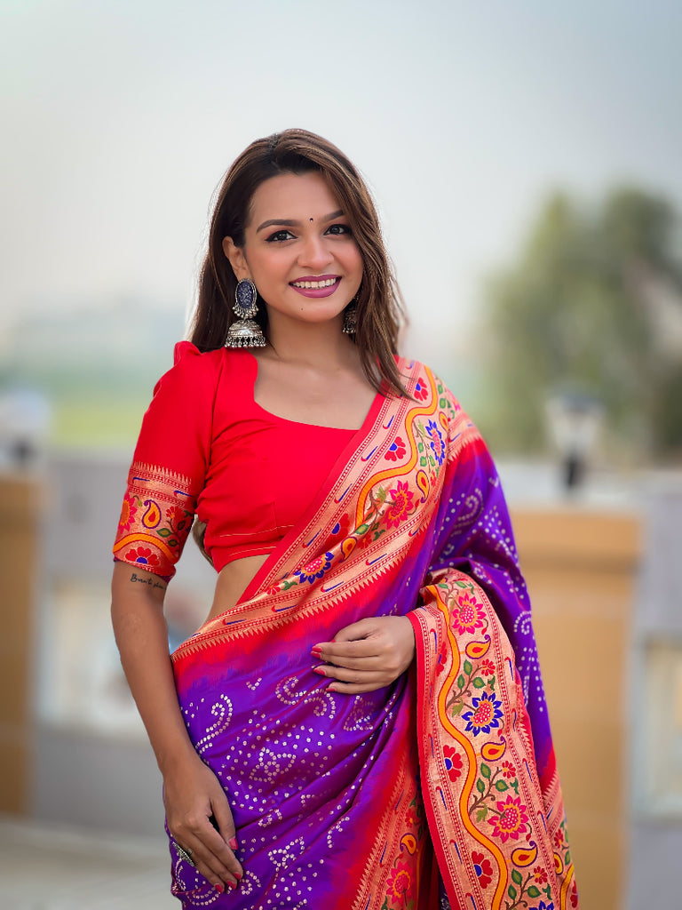 Purple Classic Bandhej weawing design Bandhani Paithani Silk Saree