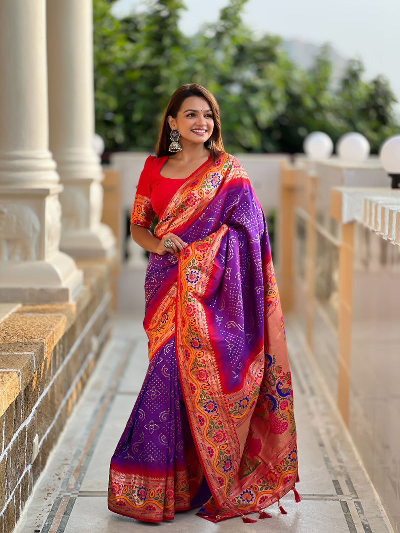 Purple Classic Bandhej weawing design Bandhani Paithani Silk Saree