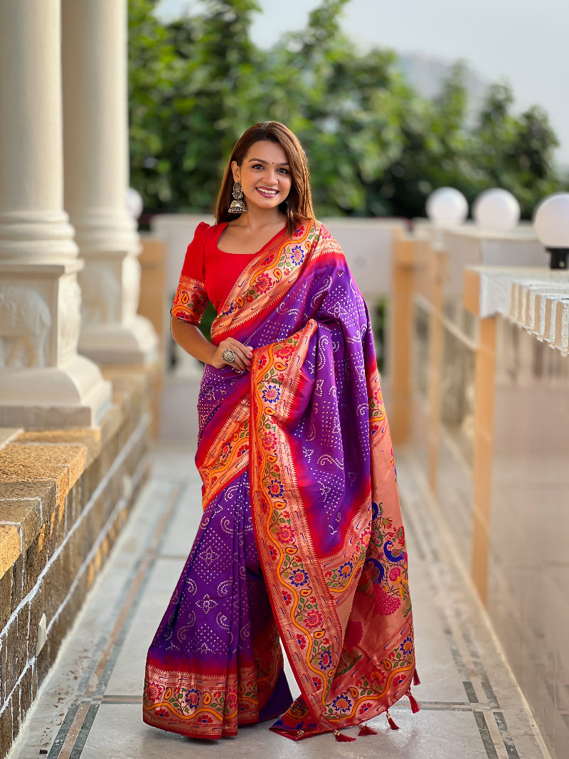 Purple Classic Bandhej weawing design Bandhani Paithani Silk Saree