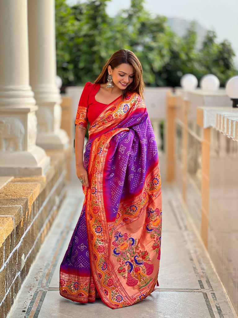 Purple Classic Bandhej weawing design Bandhani Paithani Silk Saree