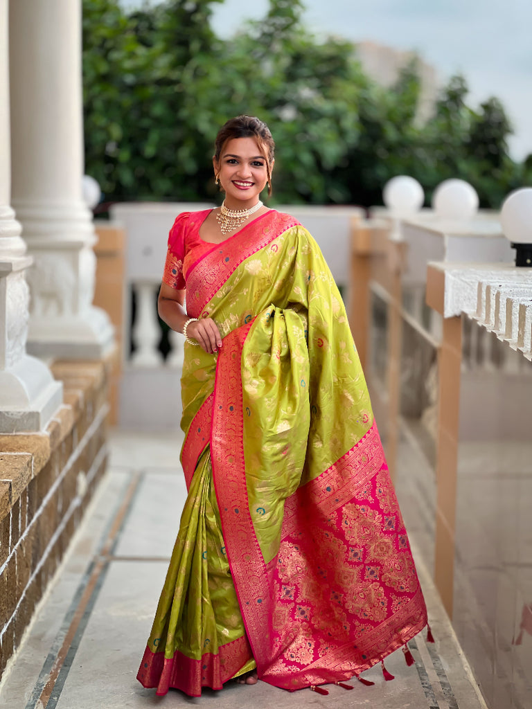 Parrot Green With Contrast Border Banarasi Silk Saree With Blouse Piece
