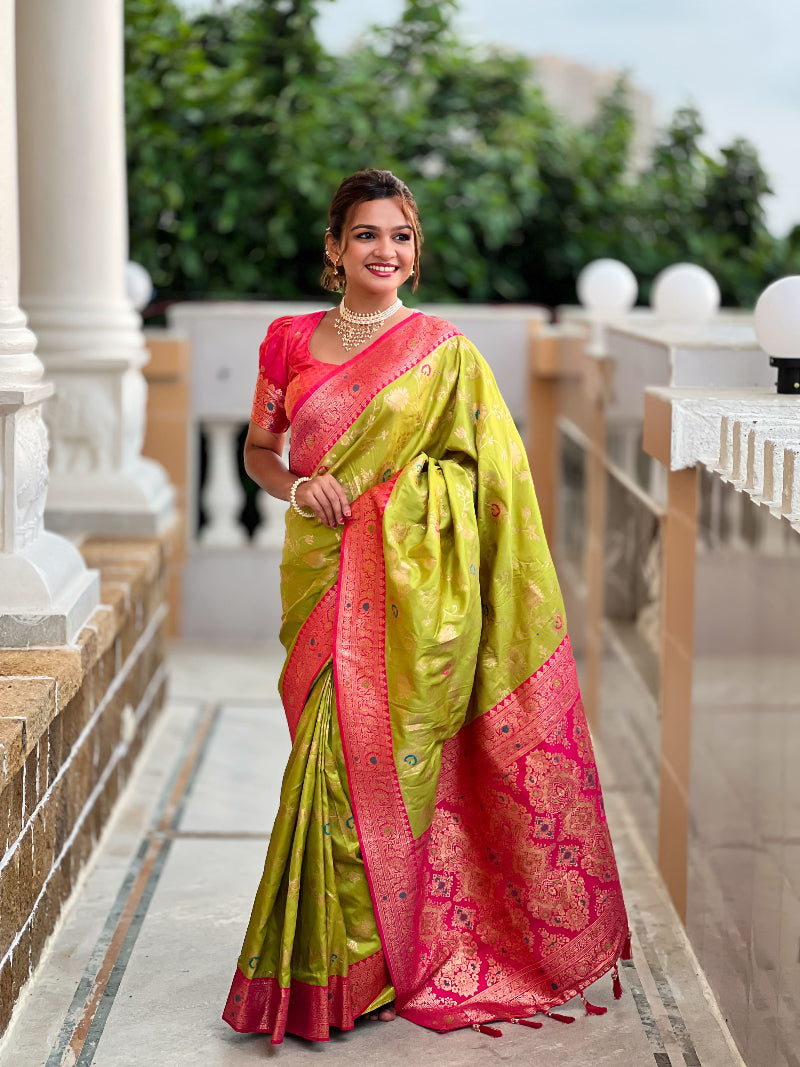 Parrot Green With Contrast Border Banarasi Silk Saree With Blouse Piece