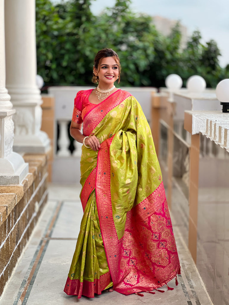 Parrot Green With Contrast Border Banarasi Silk Saree With Blouse Piece
