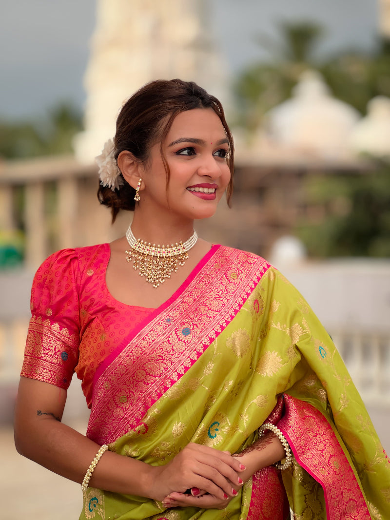 Parrot Green With Contrast Border Banarasi Silk Saree With Blouse Piece