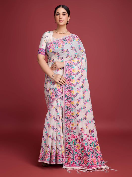 Handloom Traditional White & Pink Pure Cotton Jamdani Saree