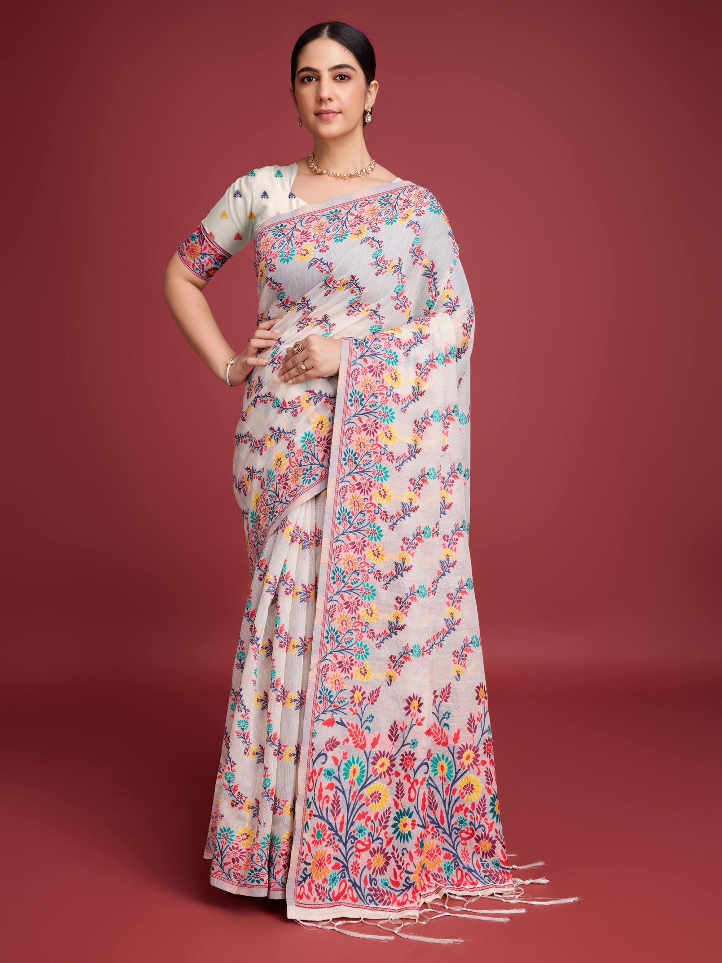 Handloom Traditional White & Red Pure Cotton Jamdani Saree